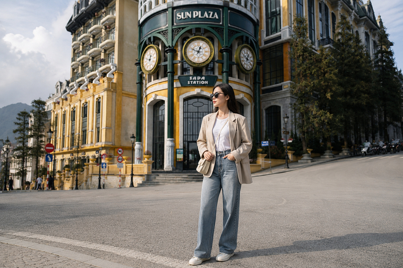 Áo thun trơn kết hợp quần jeans ống rộng tạo cảm giác trẻ trung, còn blazer giúp tổng thể thêm chỉn chu và giữ ấm nhẹ.
